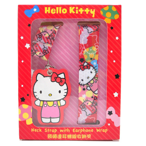 凱蒂貓Hello Kitty_音響耳機_Hello Kitty-頸繩連耳機線收納夾-KT