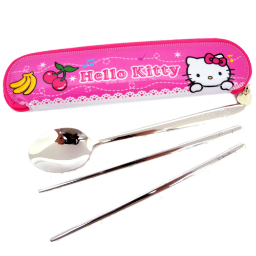 廚房用品_Hello Kitty-水果湯匙筷子附袋子-桃紅