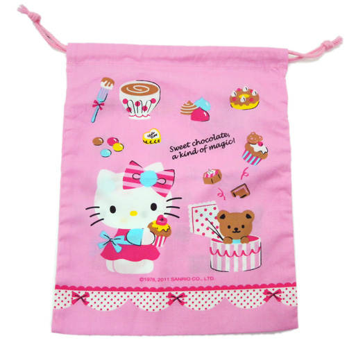 凱蒂貓Hello Kitty_化妝包箱_Hello Kitty-束口袋L-巧克力粉桃