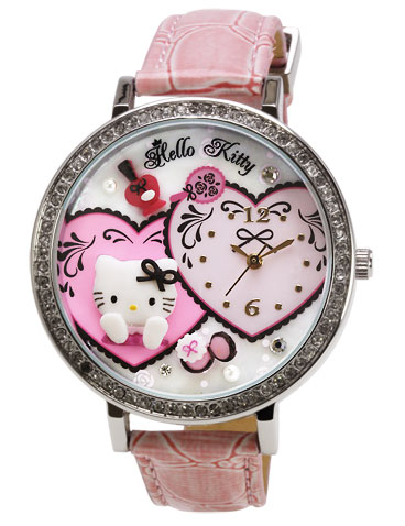 凱蒂貓Hello Kitty_手錶_Hello Kitty-鑽框蕾絲愛心造型錶-粉