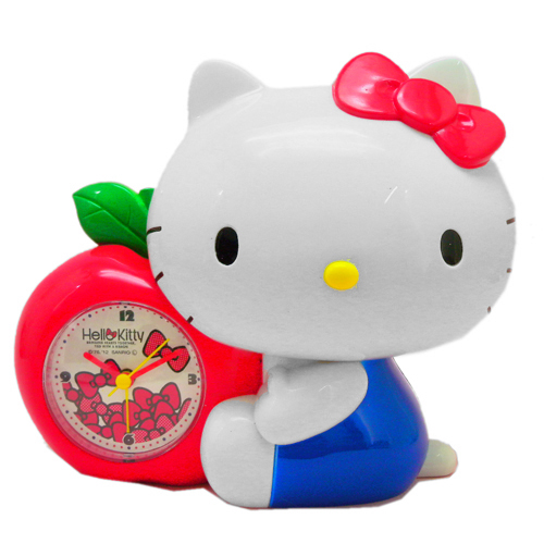 日系精品擺飾_Hello Kitty-側坐抱蘋果時鐘貯金箱-緞帶圖