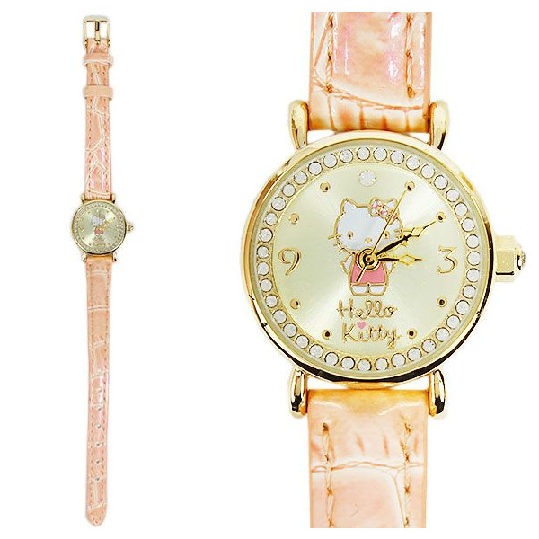 凱蒂貓Hello Kitty_手錶_Hello Kitty- 皮革帶手錶-站姿環鑽粉膚金