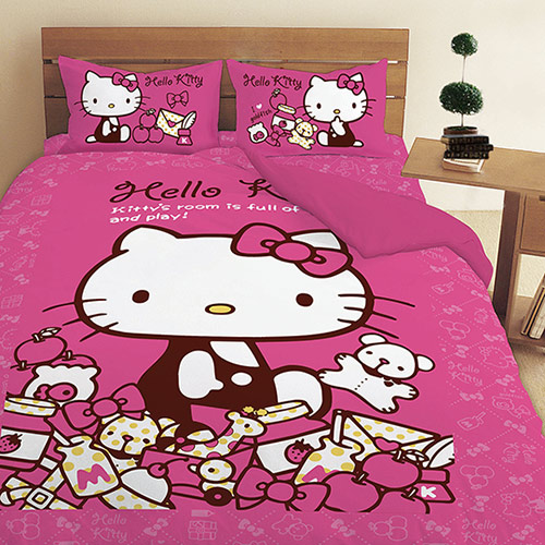 凱蒂貓Hello Kitty_寢具_Hello Kitty- 雙人床包被單組-我的遊戲房粉