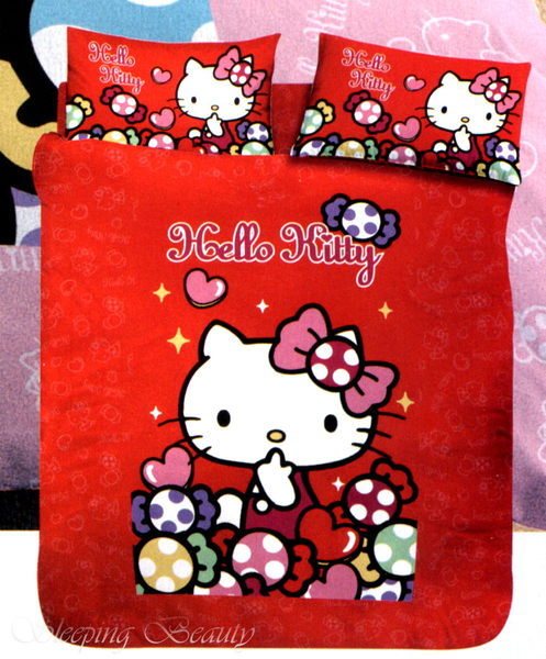 凱蒂貓Hello Kitty_Hello Kitty_Hello Kitty-單人兩用被床包組-彩虹糖樂園紅