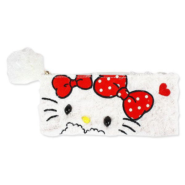 筆袋/盒/筒_Hello Kitty-絨毛拉鍊筆袋-KT雙緞帶白